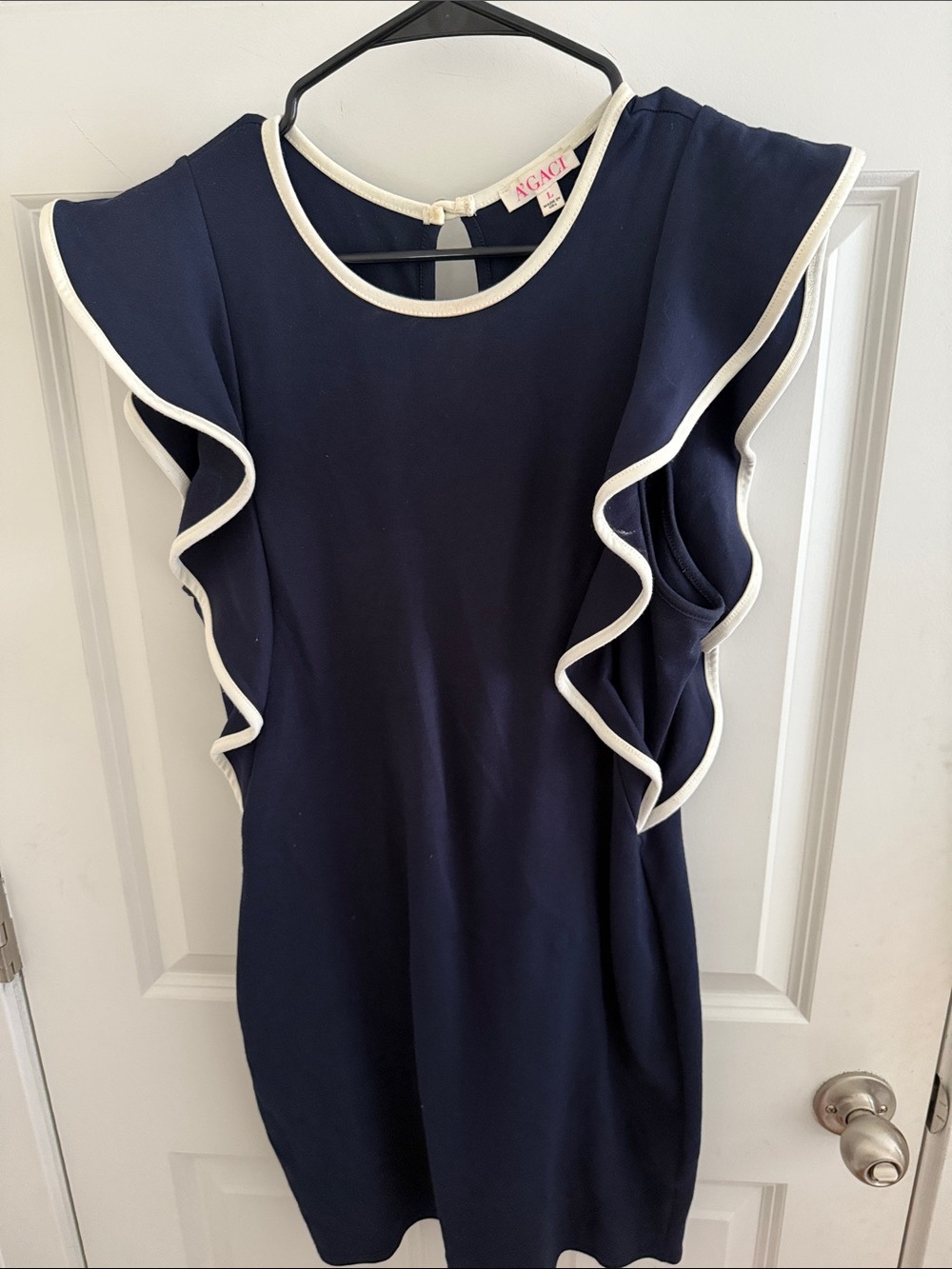 AGACI Navy Ruffle Sleeve Dress with White Trim